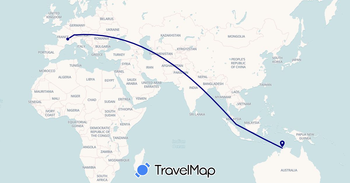 TravelMap itinerary: driving in Australia, Switzerland, France, Singapore (Asia, Europe, Oceania)